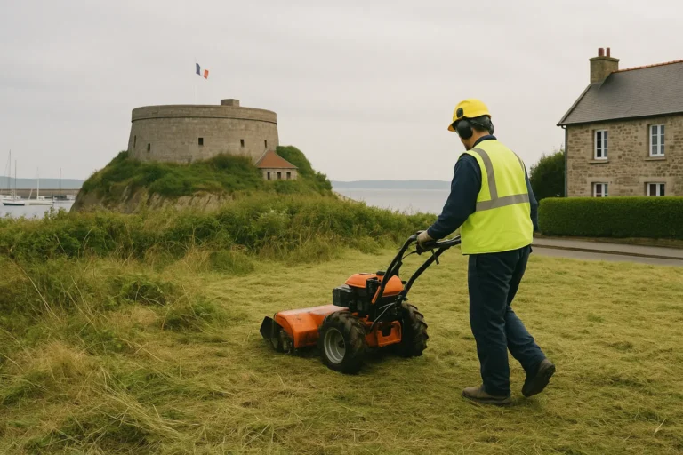 Debroussaillage pres d'une tour a Cherbourg