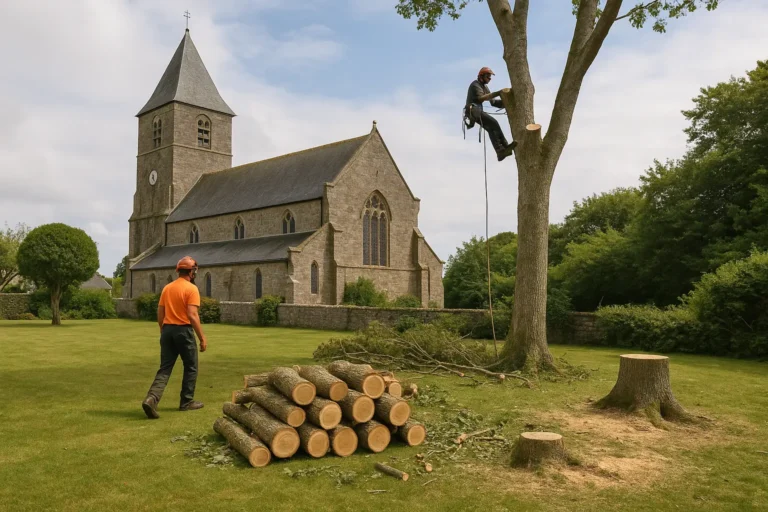 Elagage d'arbres pres d'une eglise centenaire.