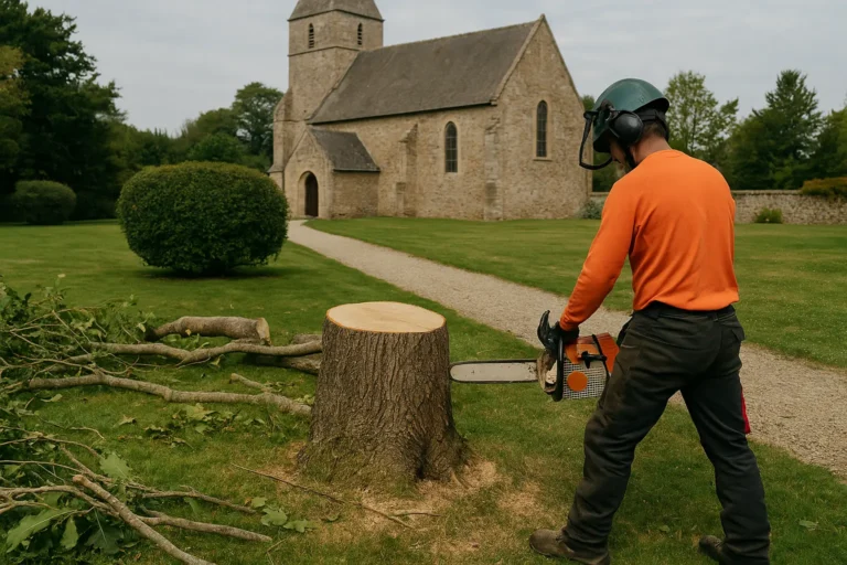 Arbre abattu devant une eglise de campagne.