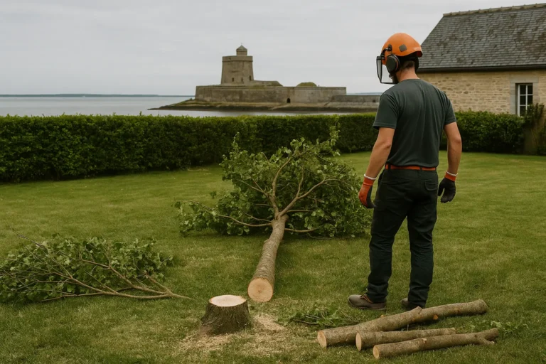 Elagage d'arbres avec vue sur la cote a Saint-Vaast.