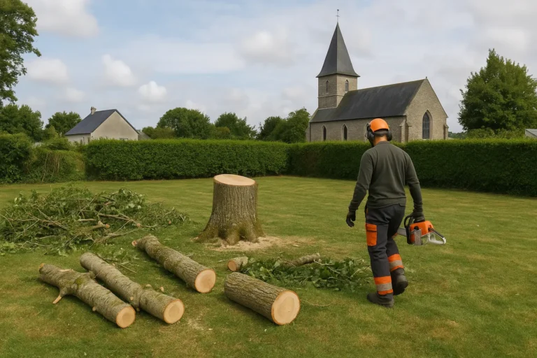 Abattage d'arbre proche d'une eglise a Digosville