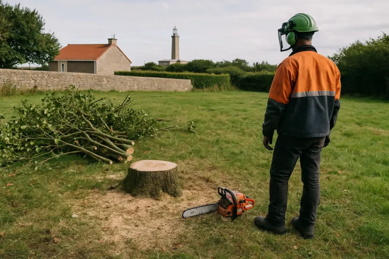 Elagueur avec tronconneuse et branches sur gazon.