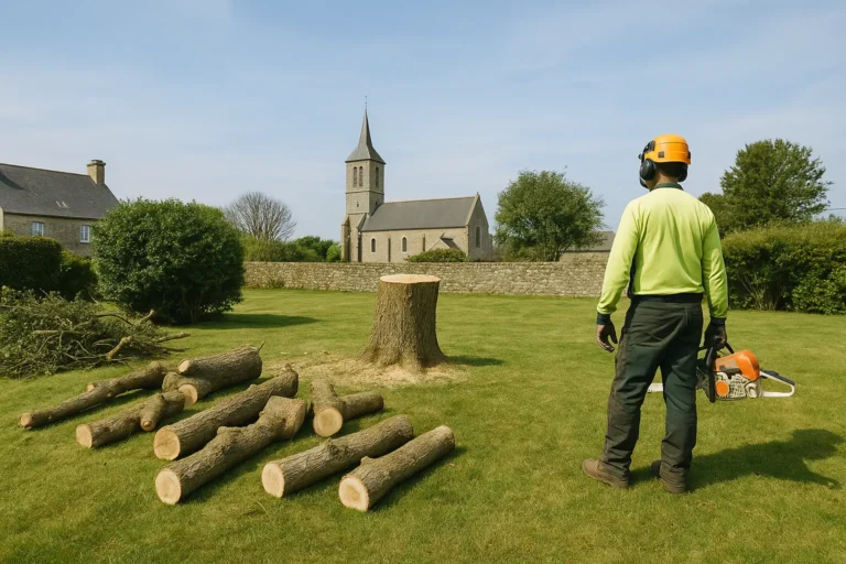 Paysagiste avec tronconneuse et tronc d'arbre coupe.