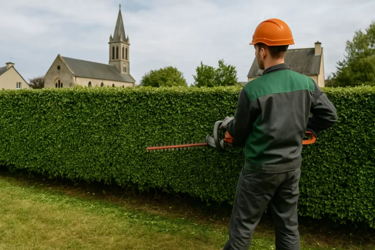 Jardinier taillant une haie dans un jardin herbeux