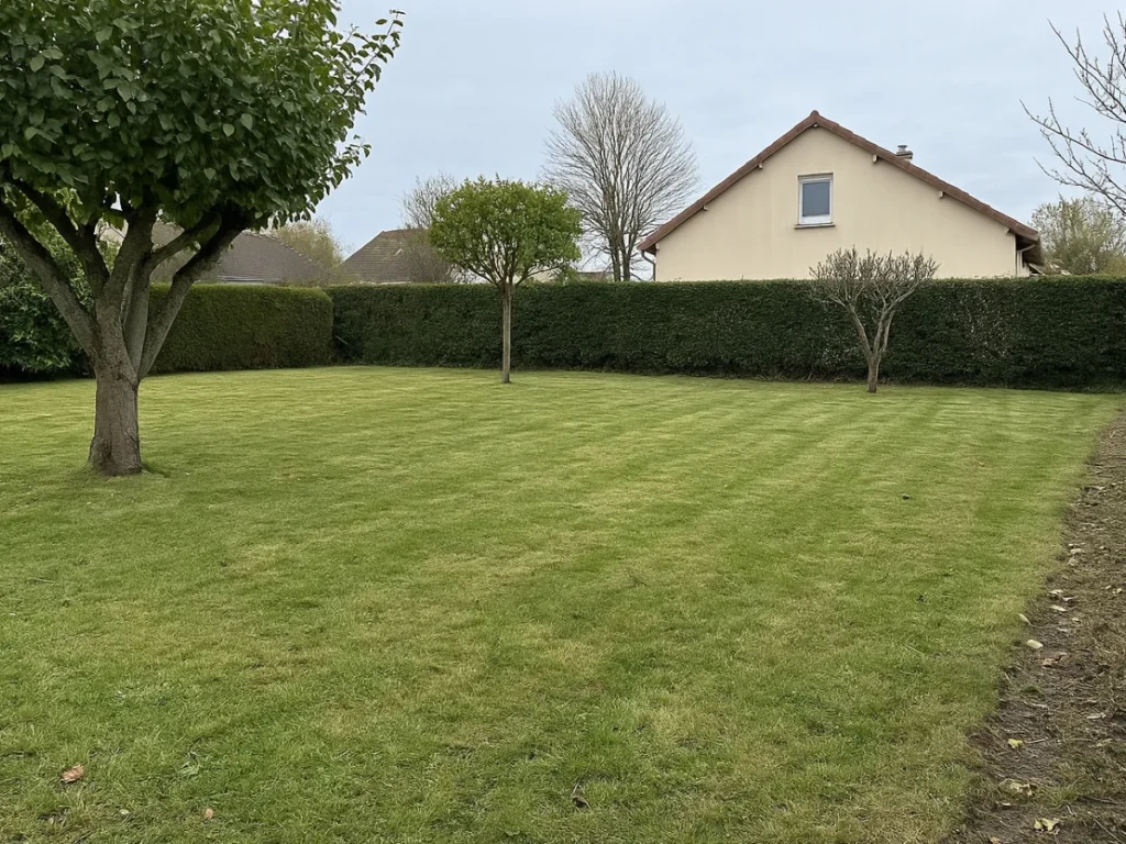Pelouse tondue et arbres taillés dans un grand jardin