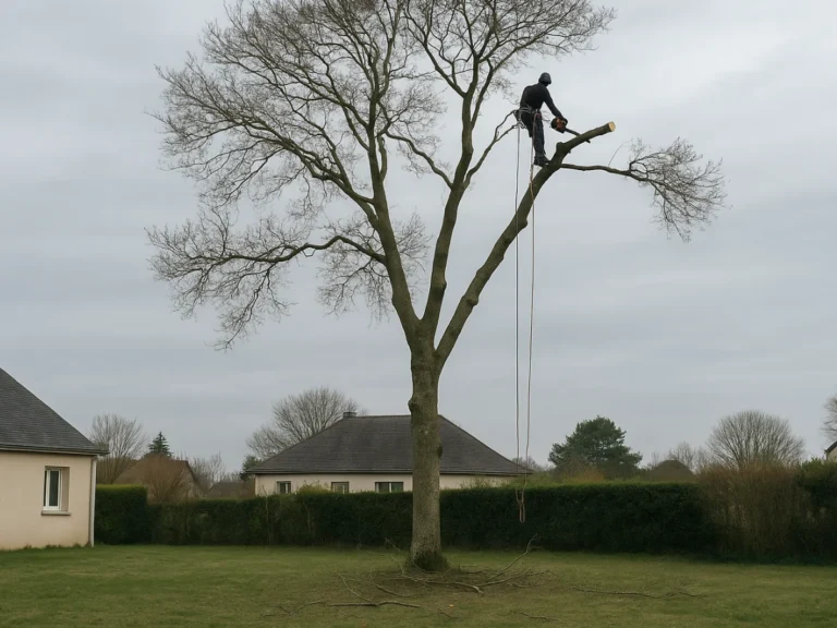 Élagage d’un grand arbre en toute sécurité dans un jardin normand résidentiel à Cherbourg – professionnel en hauteur équipé