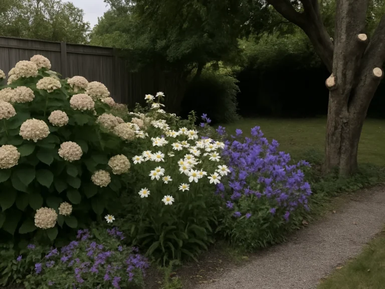 Massif fleuri dans un jardin résidentiel à Cherbourg – hortensias, marguerites et campanules