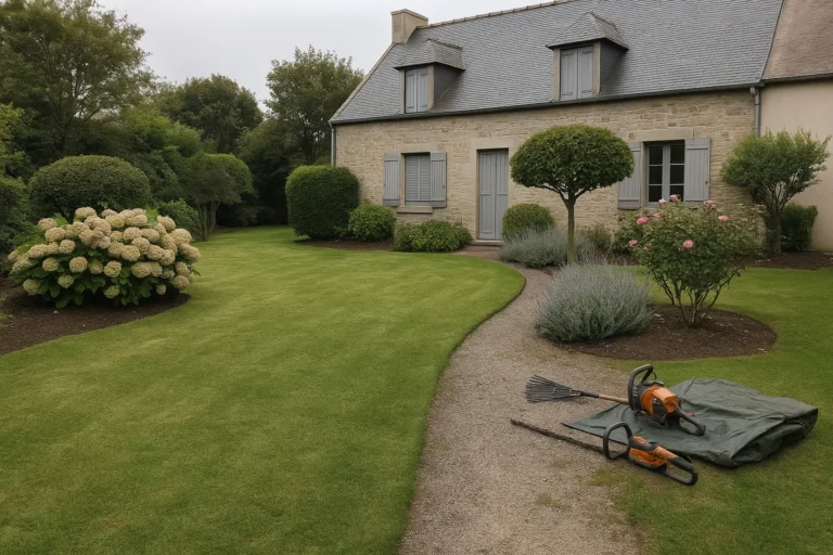 Allée de jardin propre avec arbustes taillés et pelouse nette