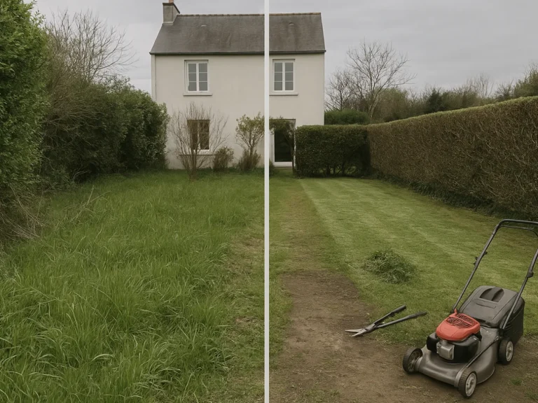 Pelouse sauvage transformée en gazon net et tondu