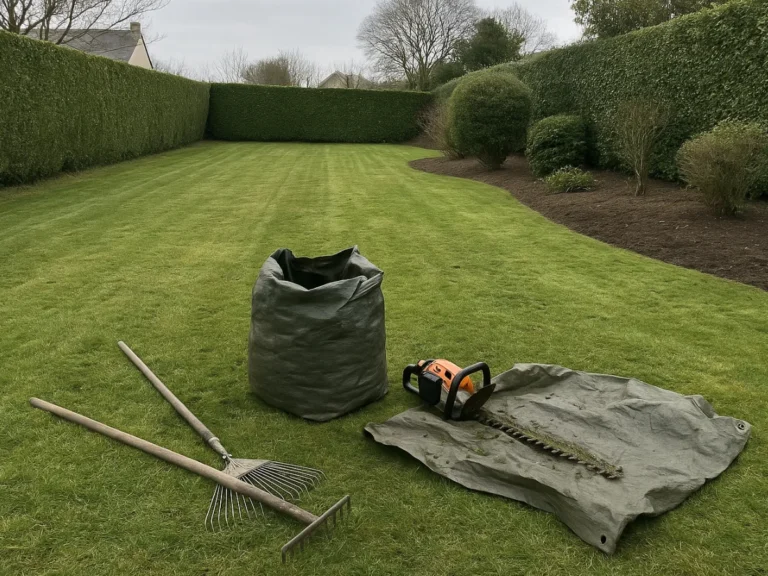 Pelouse tondue et déchets verts rassemblés