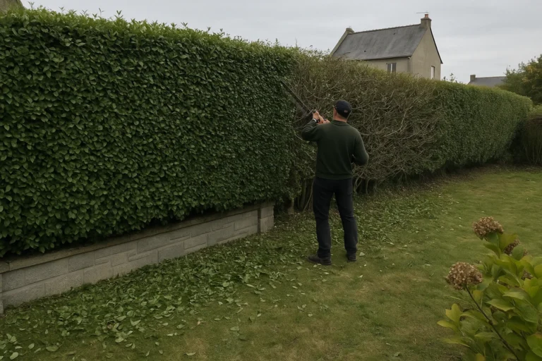 Taille droite d’une longue haie végétale avec outil thermique