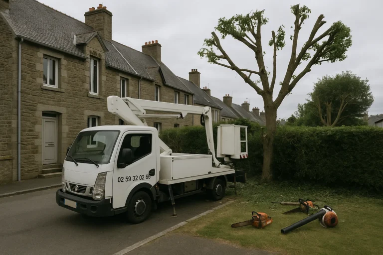 Camion nacelle et matériel professionnel utilisés pour une opération d’élagage d’arbre à Cherbourg