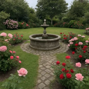 Aménagement paysager avec fontaine et massifs fleuris - Elagage Cherbourg