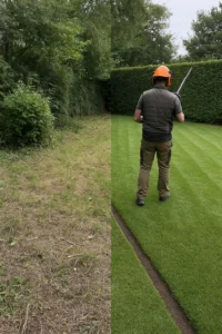 Avant/après entretien de jardin avec taille de haies et pelouse - Elagage Cherbourg