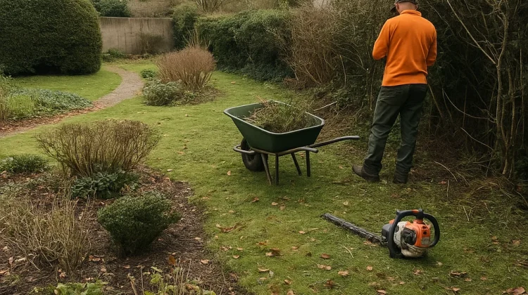 Jardin en entretien avec taille de haies à la cisaille thermique