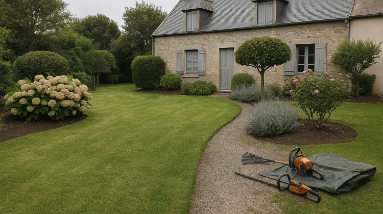 Allée de jardin propre avec arbustes taillés et pelouse nette