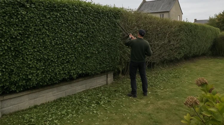 Taille droite d’une longue haie végétale avec outil thermique